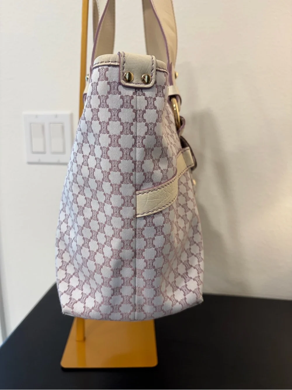 Vintage Celine Macadam Canvas Tote Bag in a purple and white/cream